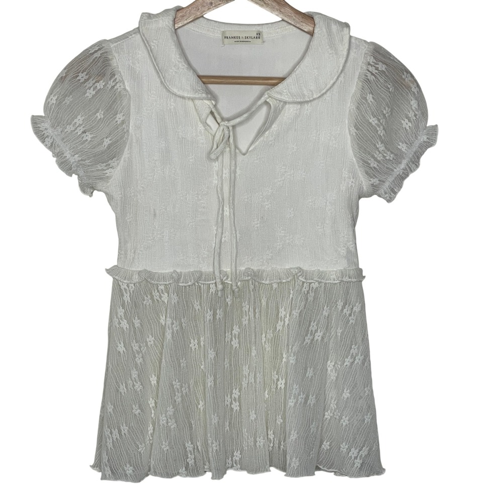 Frankee & Skylarr White Lace Babydoll Top Peter‎ Pan Collar Puff Sleeve XS